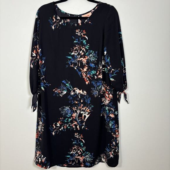 EVRI Plus Size Floral Printed Black Midi Shift Dress Knot Sleeve 0X 14W 16W - Picture 8 of 8
